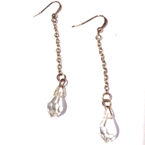 VINTAGE FACETED CRYSTAL GOLD-TONE DANGLE DROP HOOK 2.5" EARRINGS - Picture 2 of 6